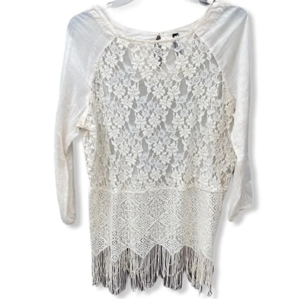 Free People Sheer Lace‎ Top With Fringe